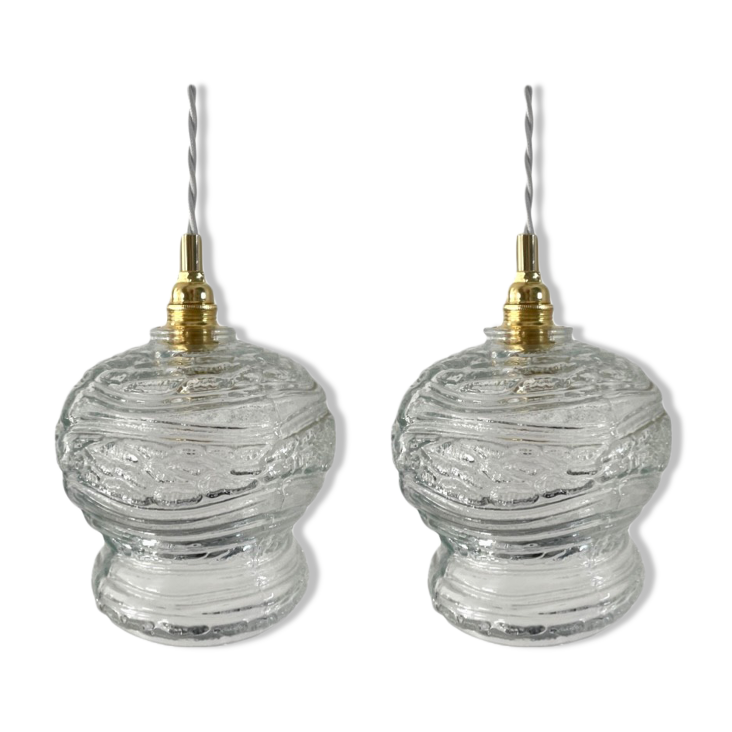 Set of two vintage electrified glass pendant lamps
