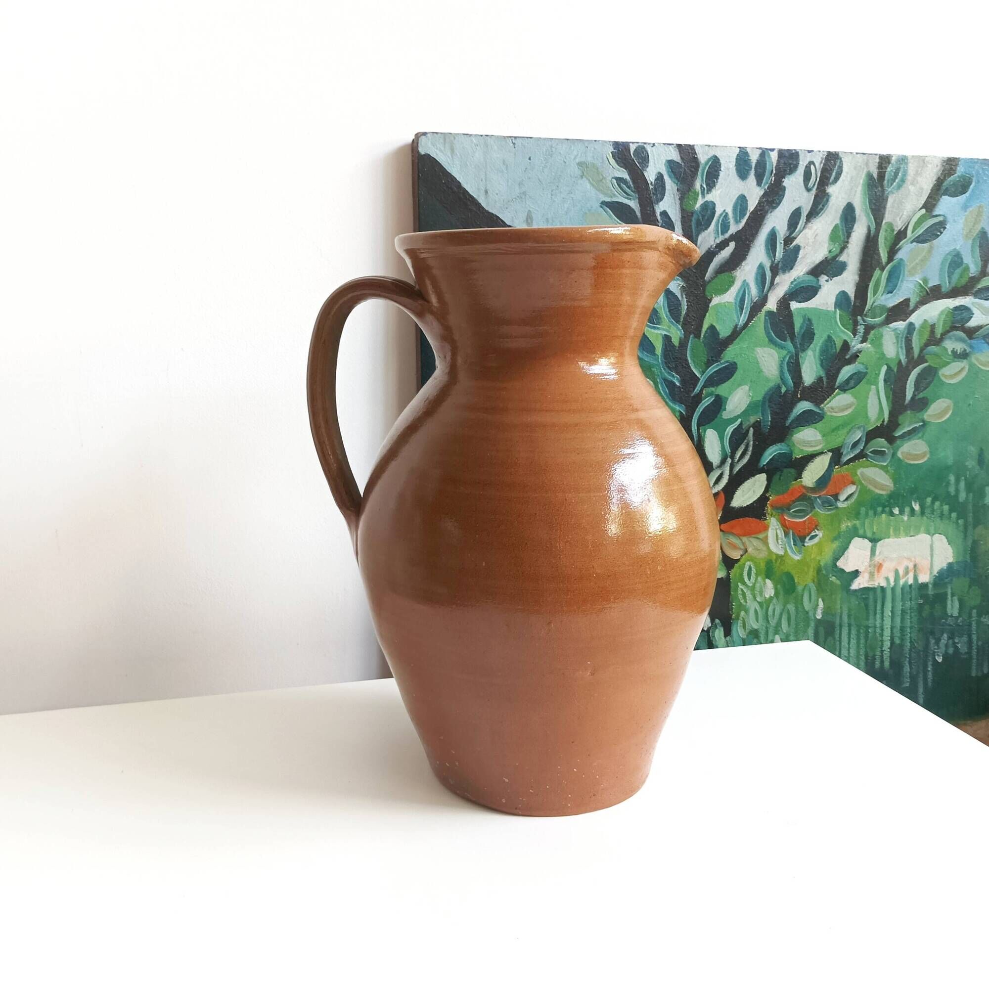 Very large antique glazed terracotta jug H 40 cm