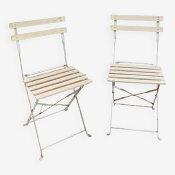 Pair of folding metal wood chairs