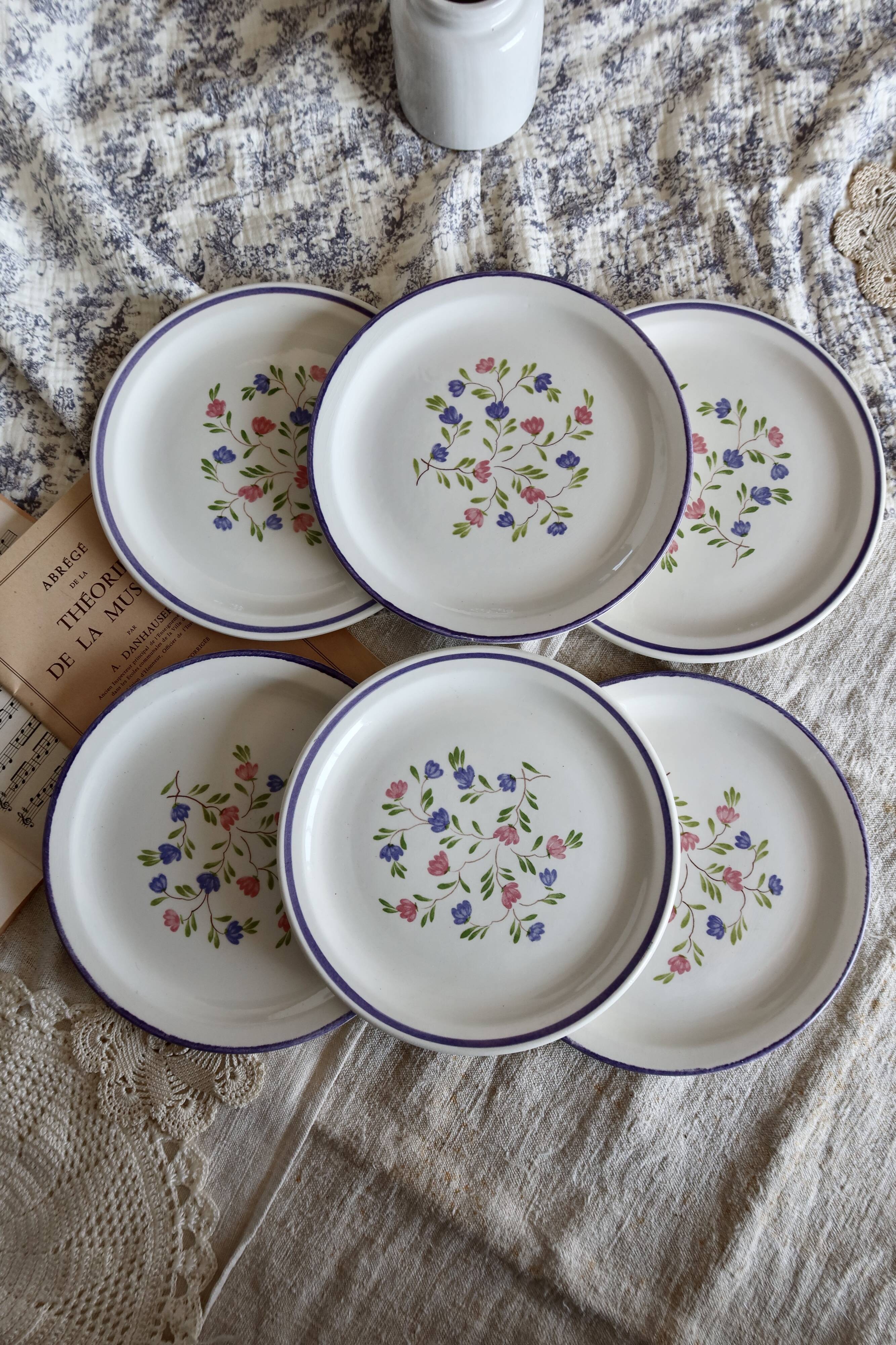6 vintage porcelain dessert plates Moulin des Loups lilac floral pattern