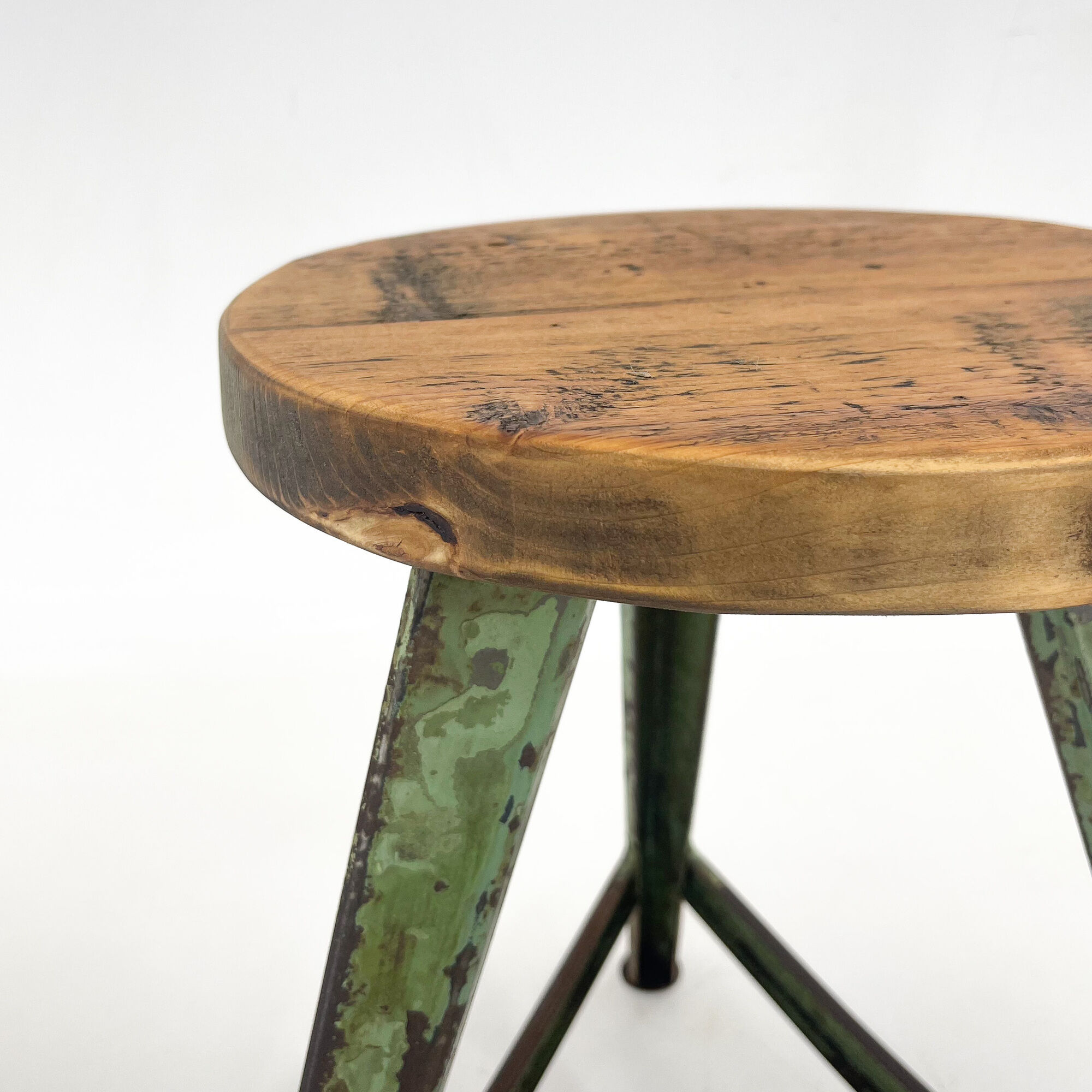 Vintage Industrial Steel & Wood Tripod Stool with Original Patina, 1950's