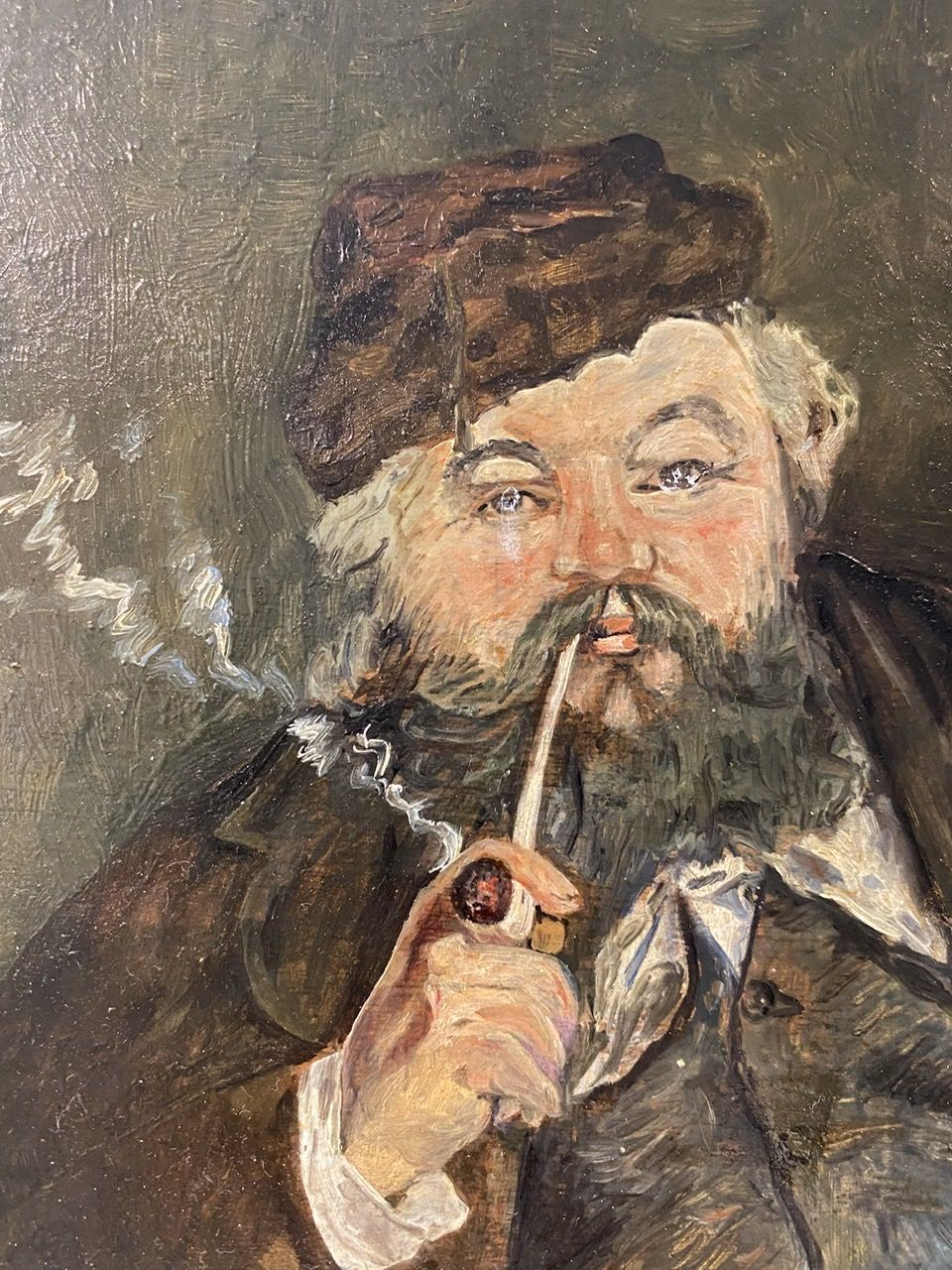 Old painting, portrait of a man with a pipe, signed and dated 57