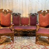 Art Nouveau style Gothic Revival salon sofa and pair of armchairs in