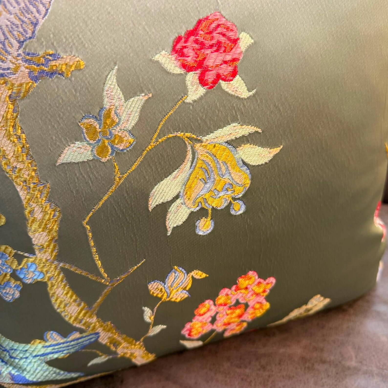 Handmade Satin Chinoiserie Bird Cushion, Cream Piped Botanical Pillow