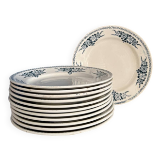 1900s Set of 6 vintage flat plates, blue ironstone, Blois model, old tableware, Lonchamp factory