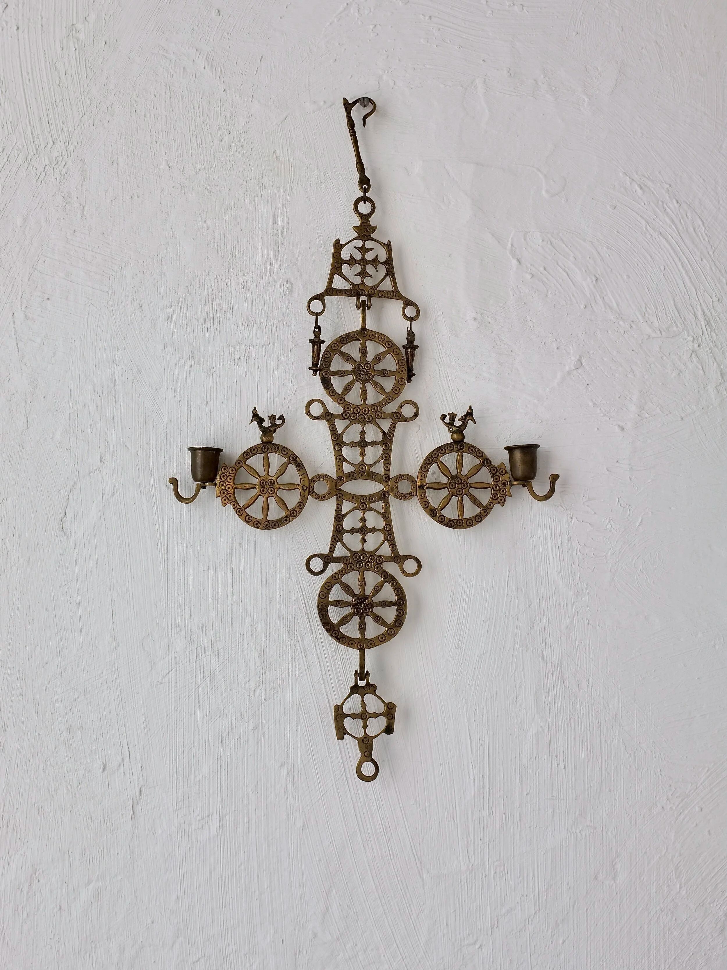 Arts & Crafts brass cross hanging candle holder | 1920s