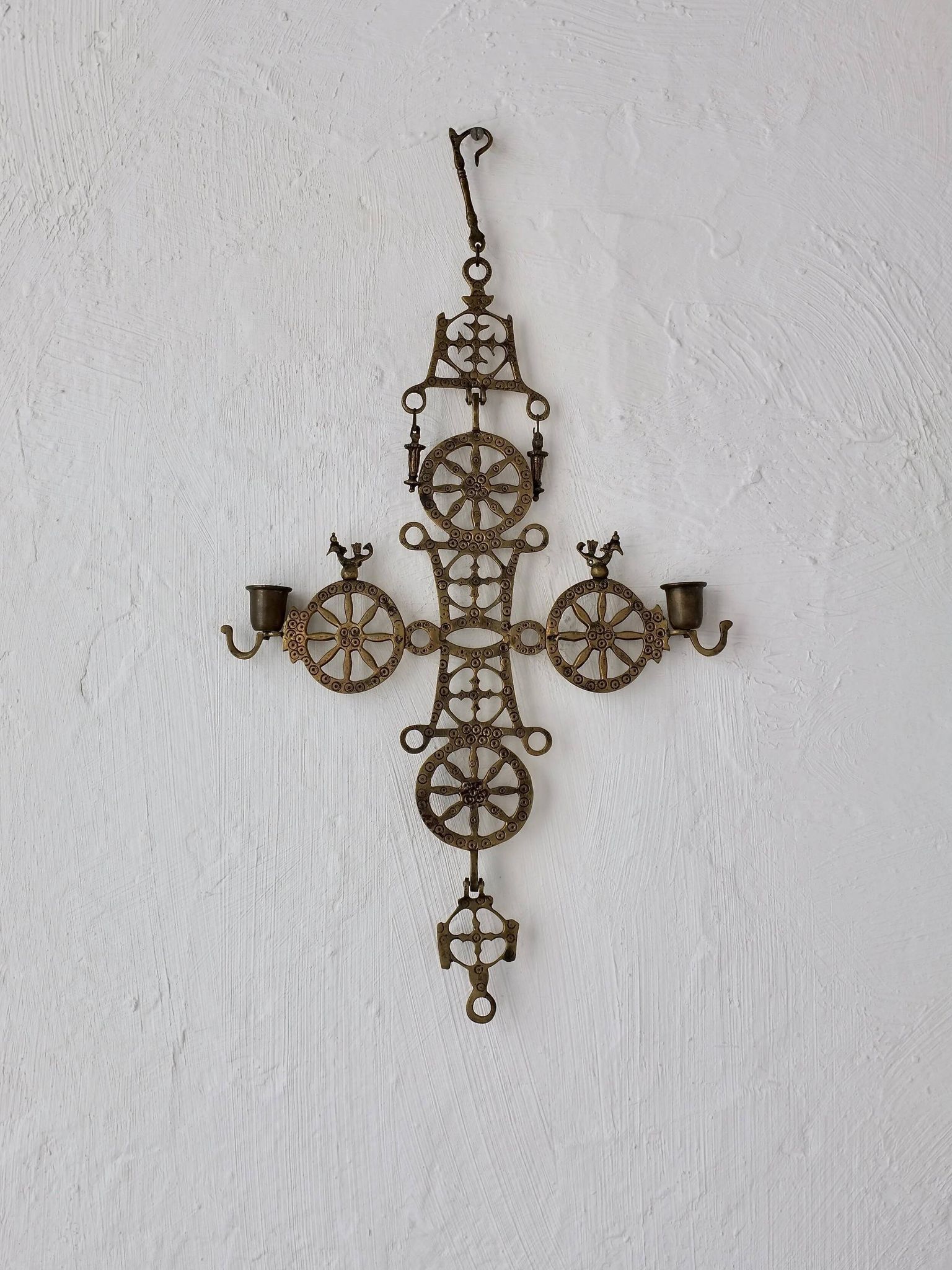 Arts & Crafts brass cross hanging candle holder | 1920s