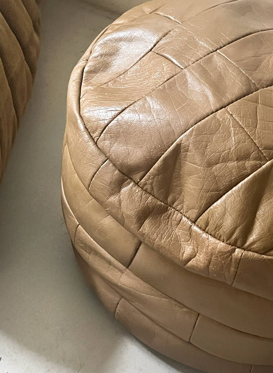 Beige genuine leather patchwork pouf, 1970s design
