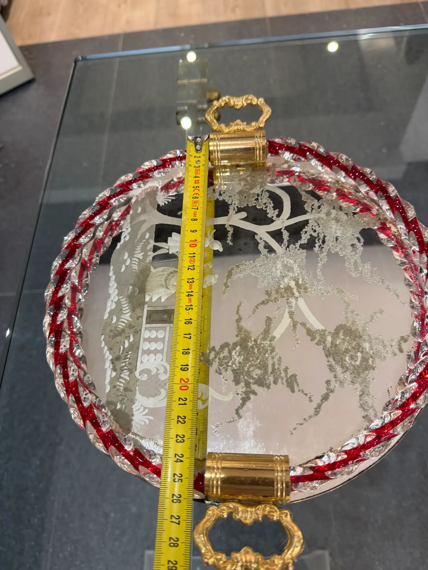 Engraved mirror plateau with twisted red and white glass border, Murano / Venice (c. 1940–1950)