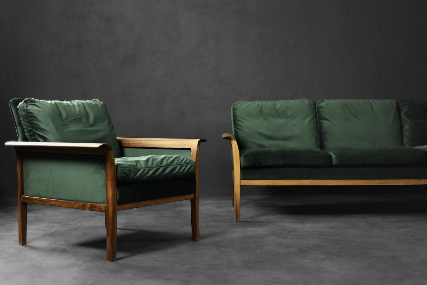 Vintage Mid-Century Modern Rosewood & Green Velour 3-Seater Sofa and Chair