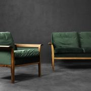 Vintage Mid-Century Modern Rosewood & Green Velour 3-Seater Sofa and Chair