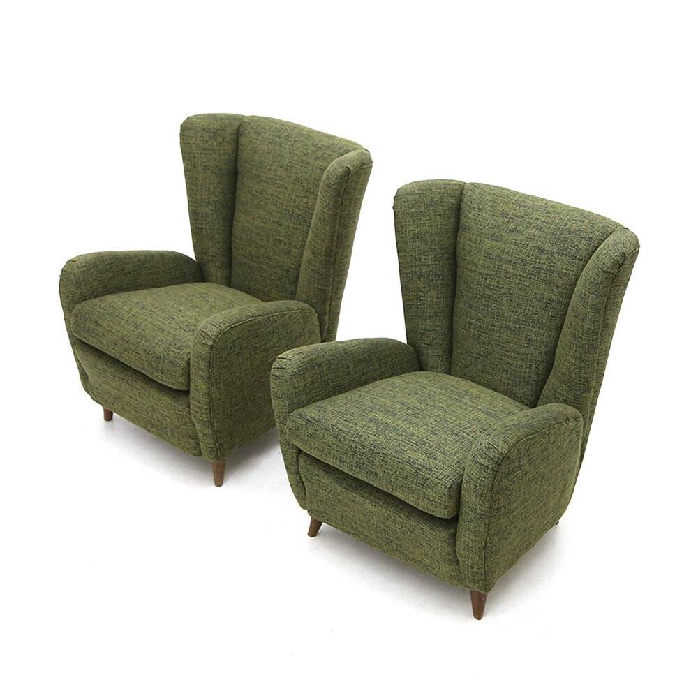 Set of green fabric armchairs, 1940s