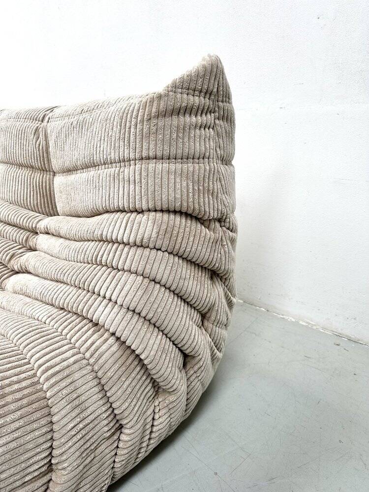 French Togo 3-seater sofa in beige corduroy attributed to Michel Ducaroy for Ligne Roset, 1970s
