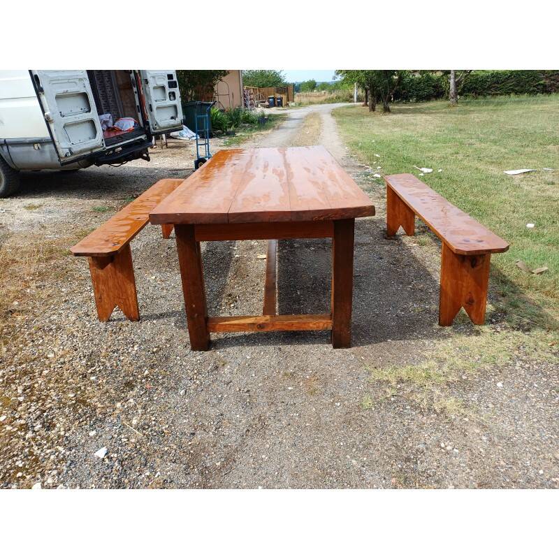 Table de ferme campagnarde en chêne et pin + 2 bancs