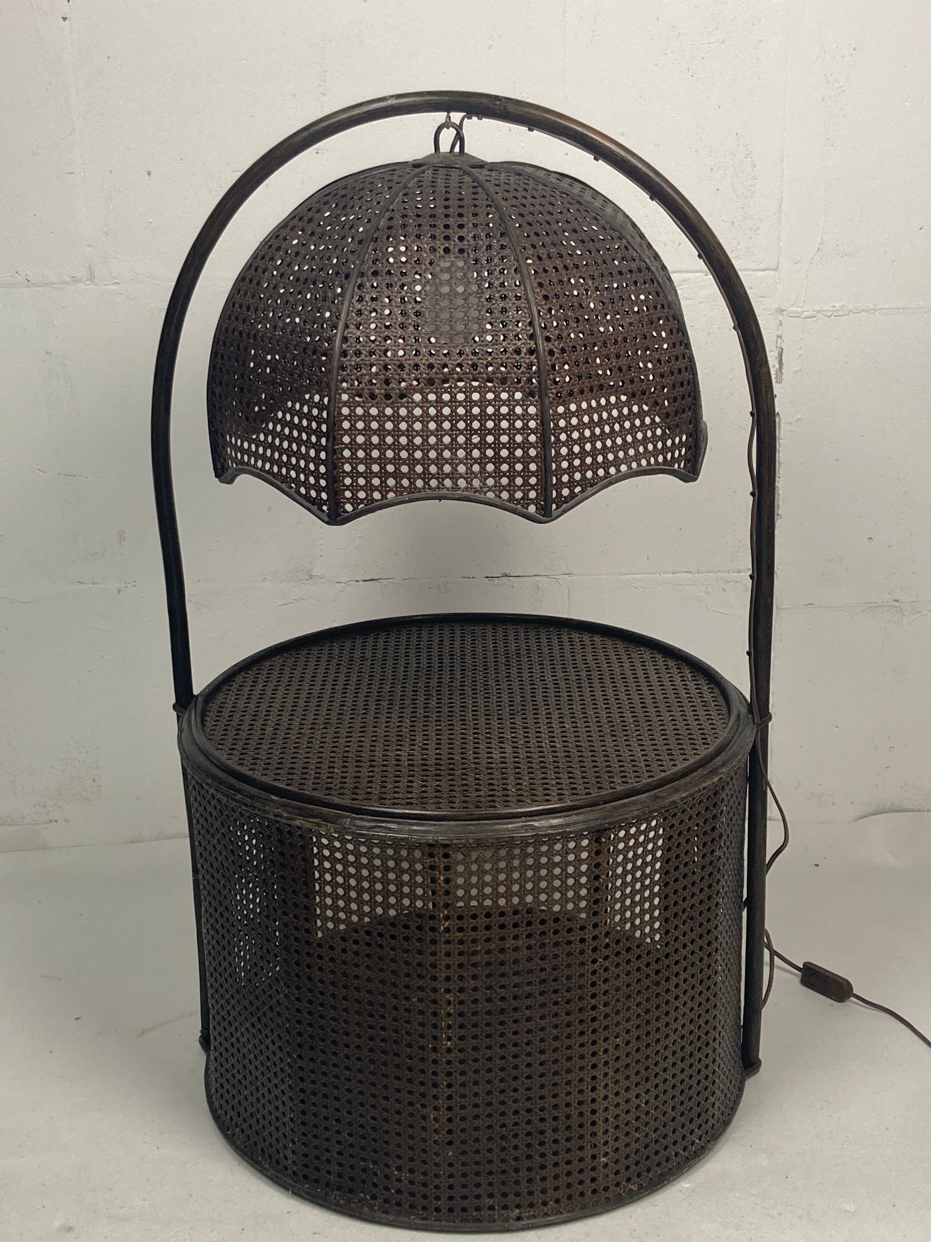 Faux bamboo rattan webbing side table with integrated hanging lamp, Dutch 1960s-1970s