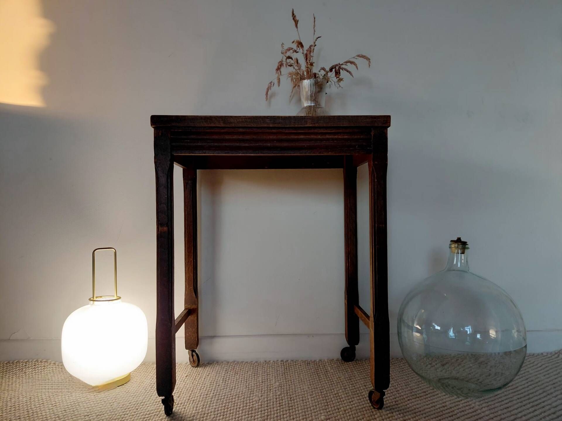 Vintage wooden wheeled side table/console.