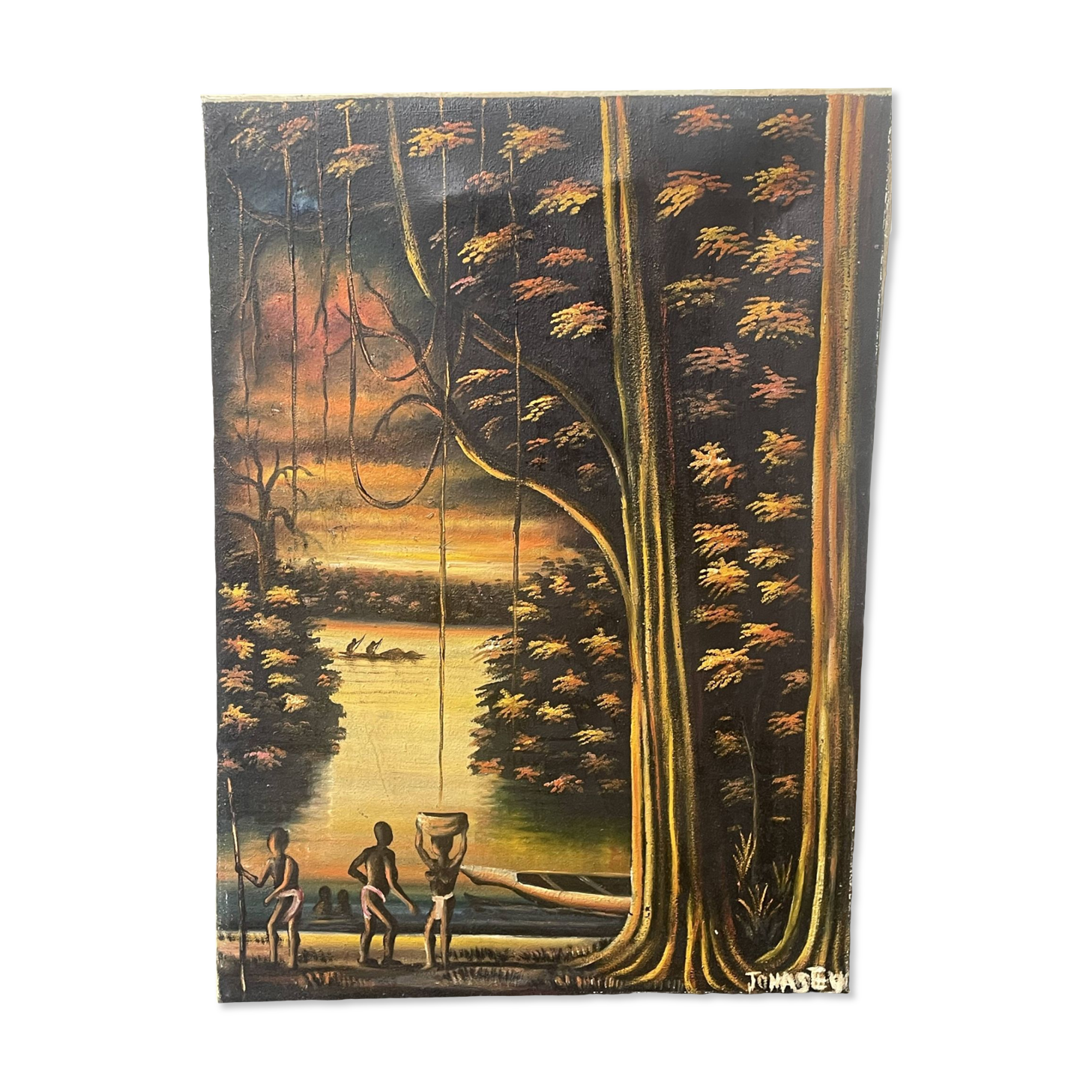 Old african canvas under lively woods in tropical and lush forest signed to identify