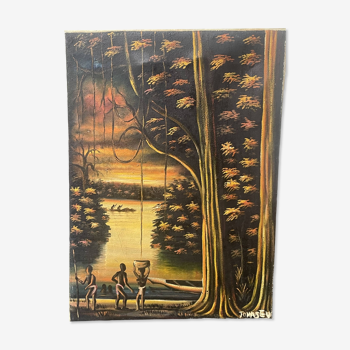 Old african canvas under lively woods in tropical and lush forest signed to identify