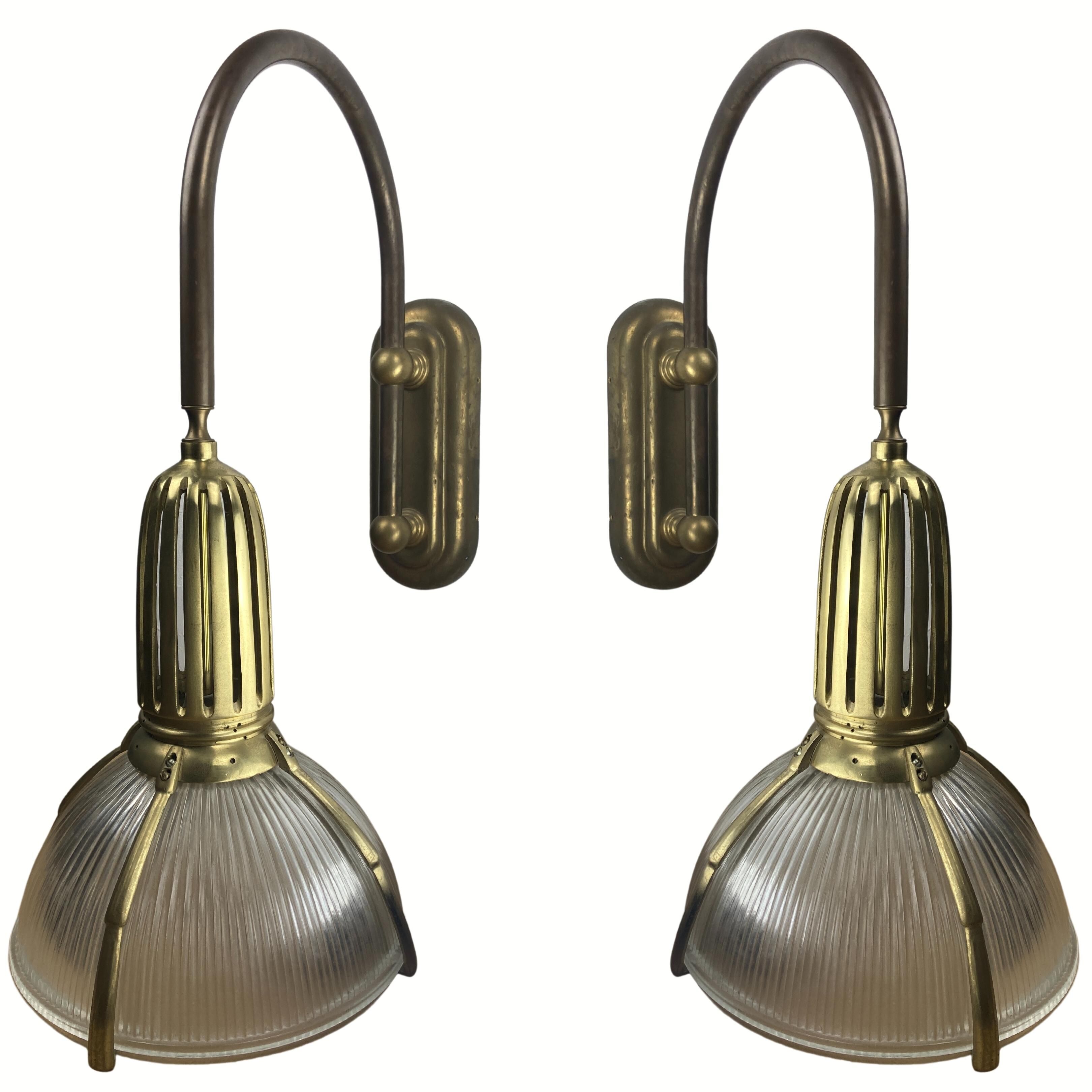 Art deco holophane cut glass and brass wall lamps, 1970