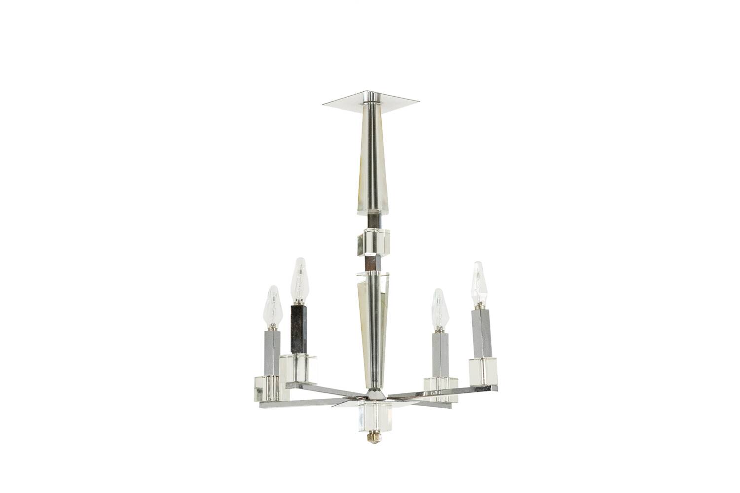 Jacques Adnet. Modernist chandelier in chromed metal. Circa 1940.