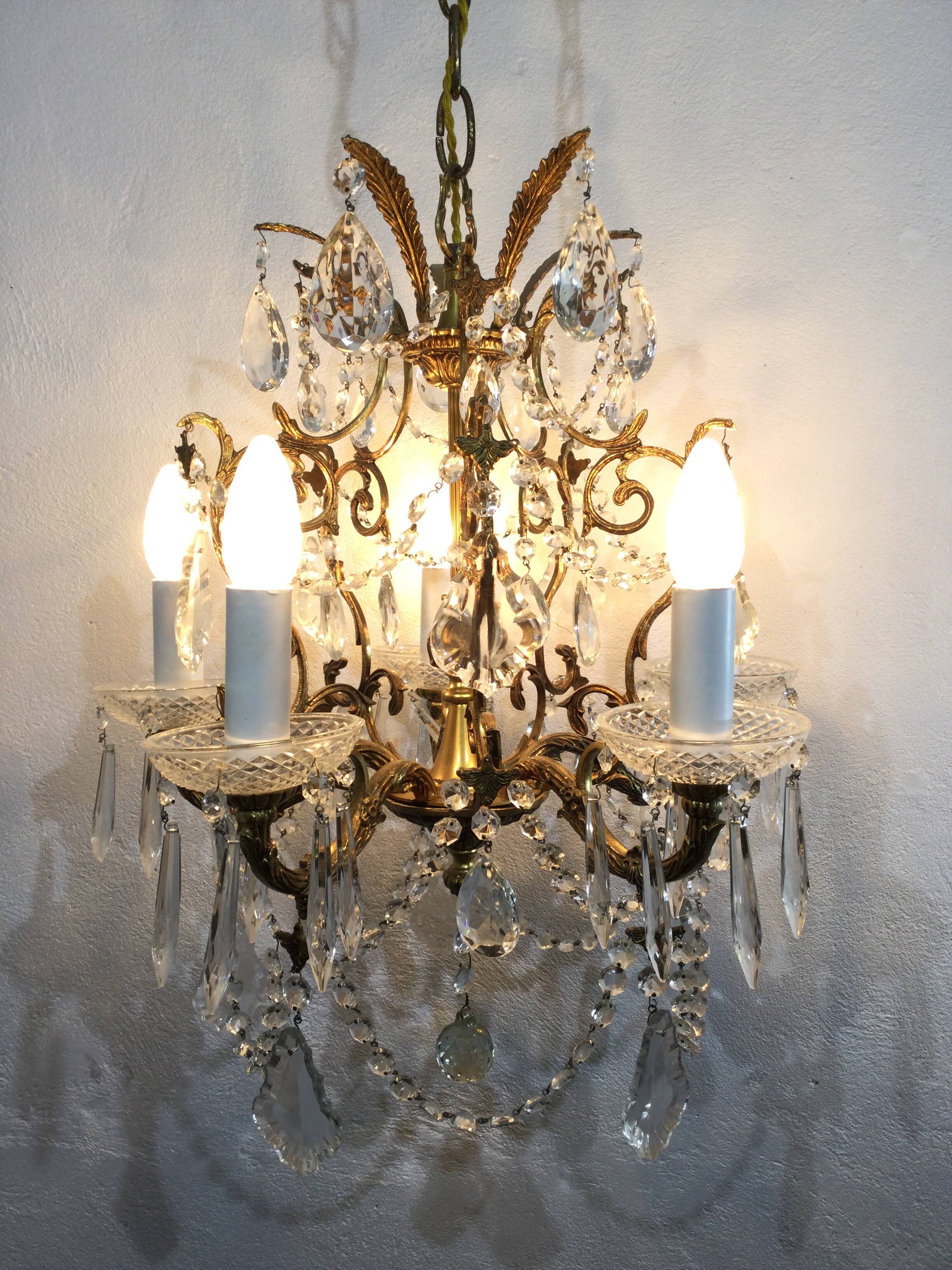 5 light bronze and crystal chandelier
