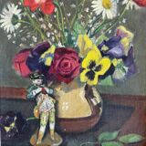 Oil on canvas still life with flowers and statuette 1920