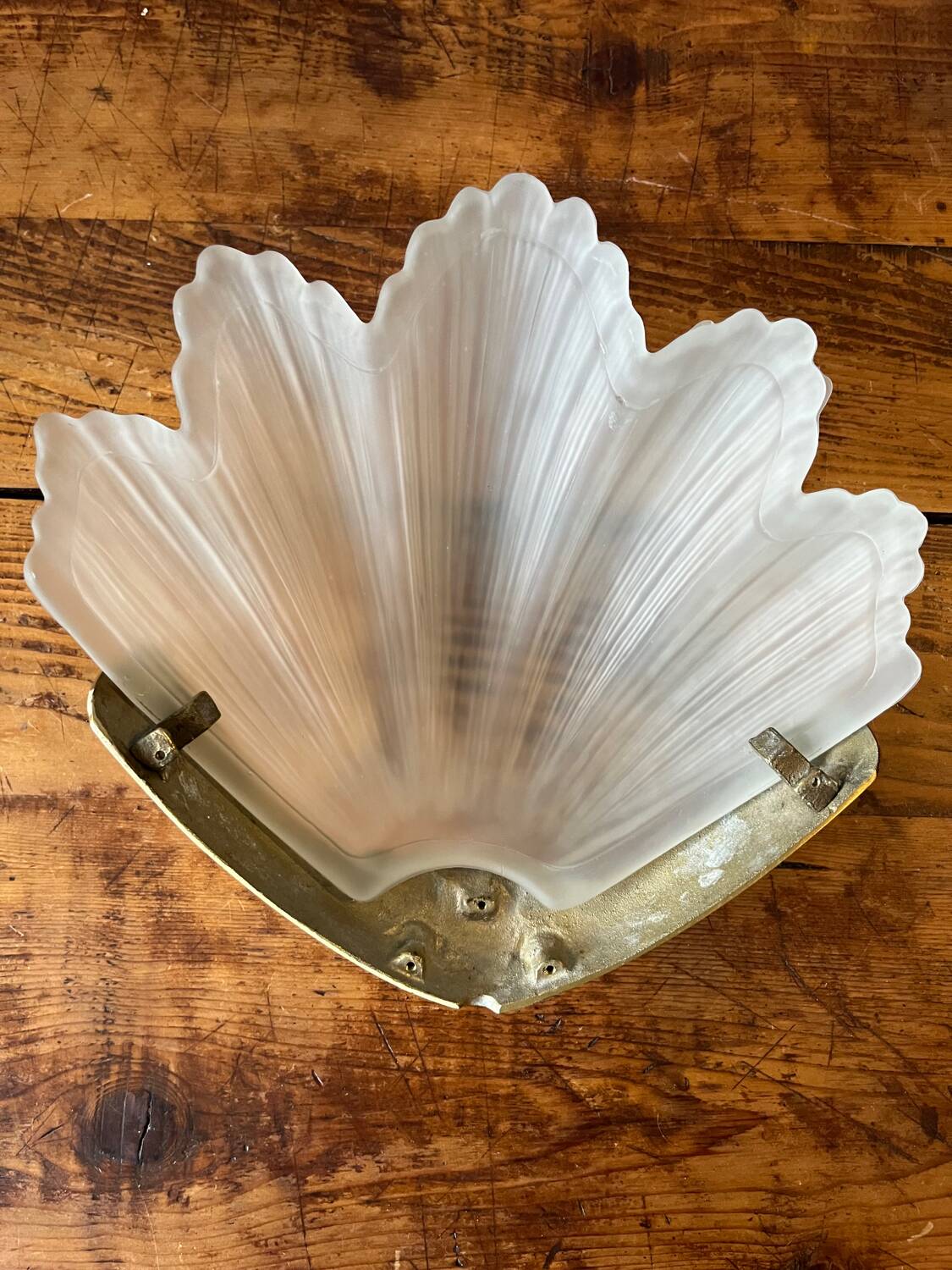 2 brass shell wall lamp covers in art deco molded glass