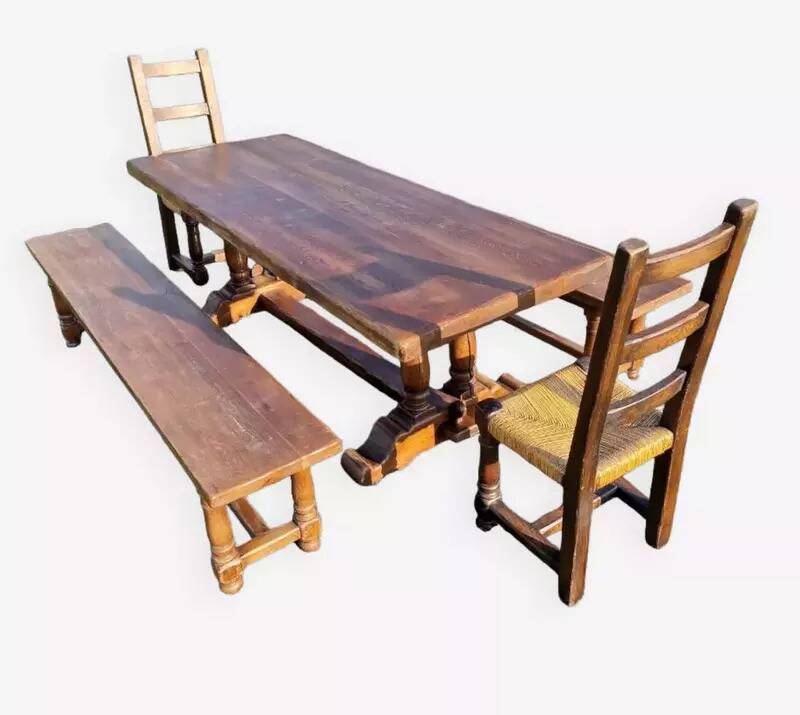 Old farmhouse dining table, 2 benches, 2 chairs