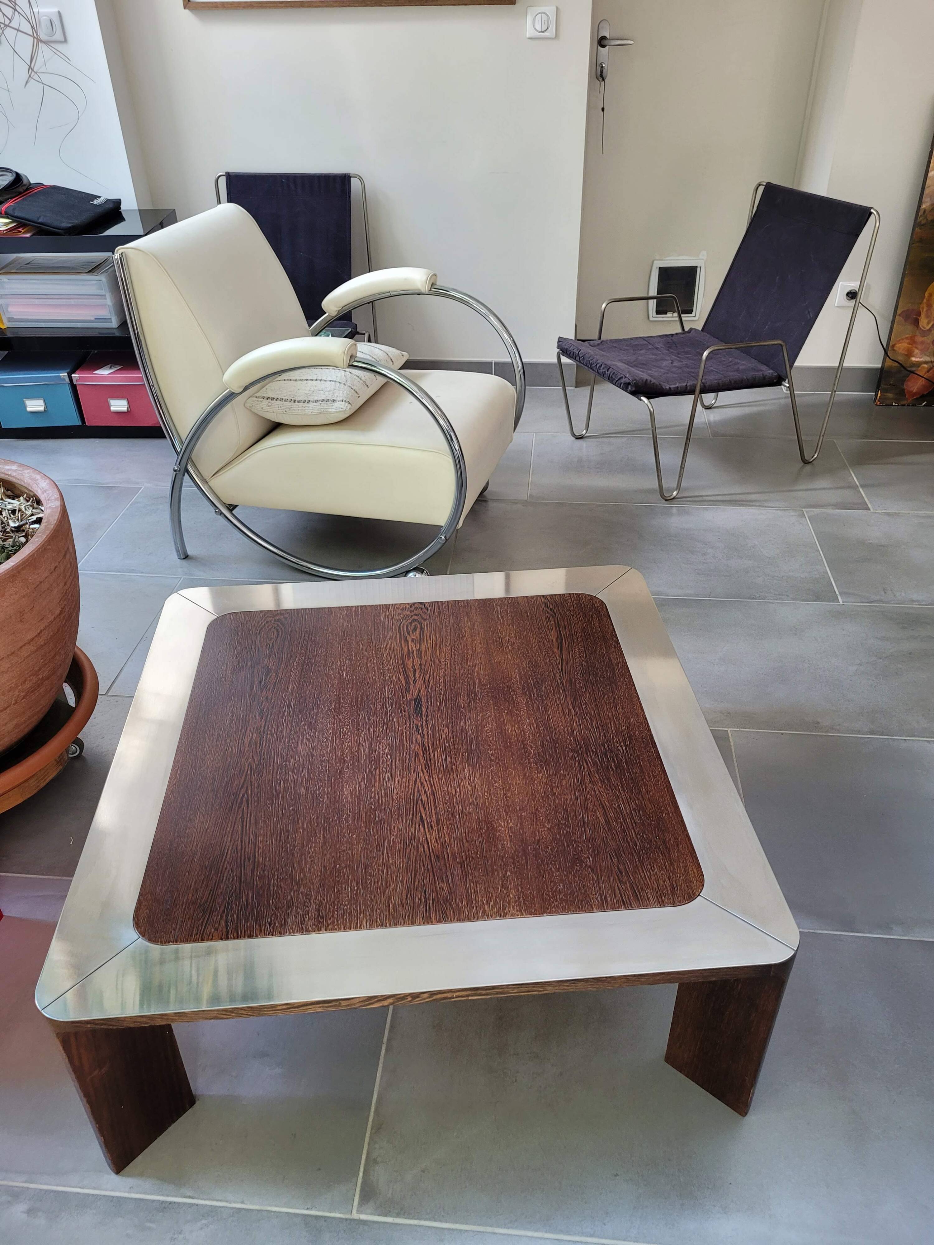 Square wood and steel coffee table from the 80s