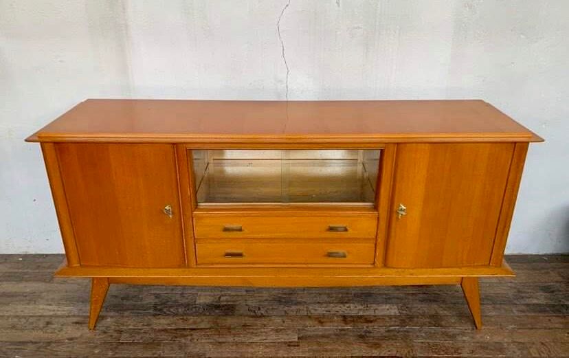 Enfilade moderniste en chêne longueur 197 vintage 1950 pieds compas
