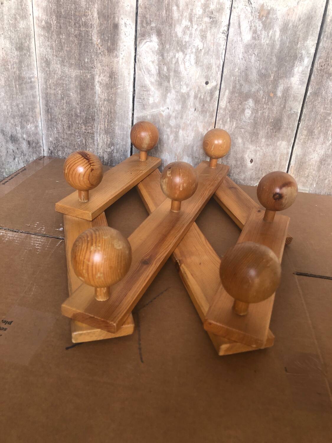 Old Extensible Wall Coat Rack x7 Vintage Wooden Ball Hooks #A704