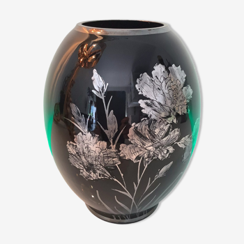 Antique black glass vase with silver decoration / Art Nouveau floral motifs / 1950 décor