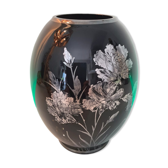 Vase ancien en verre noir avec décor argenté motifs floraux Art Nouveau /Décor 1950