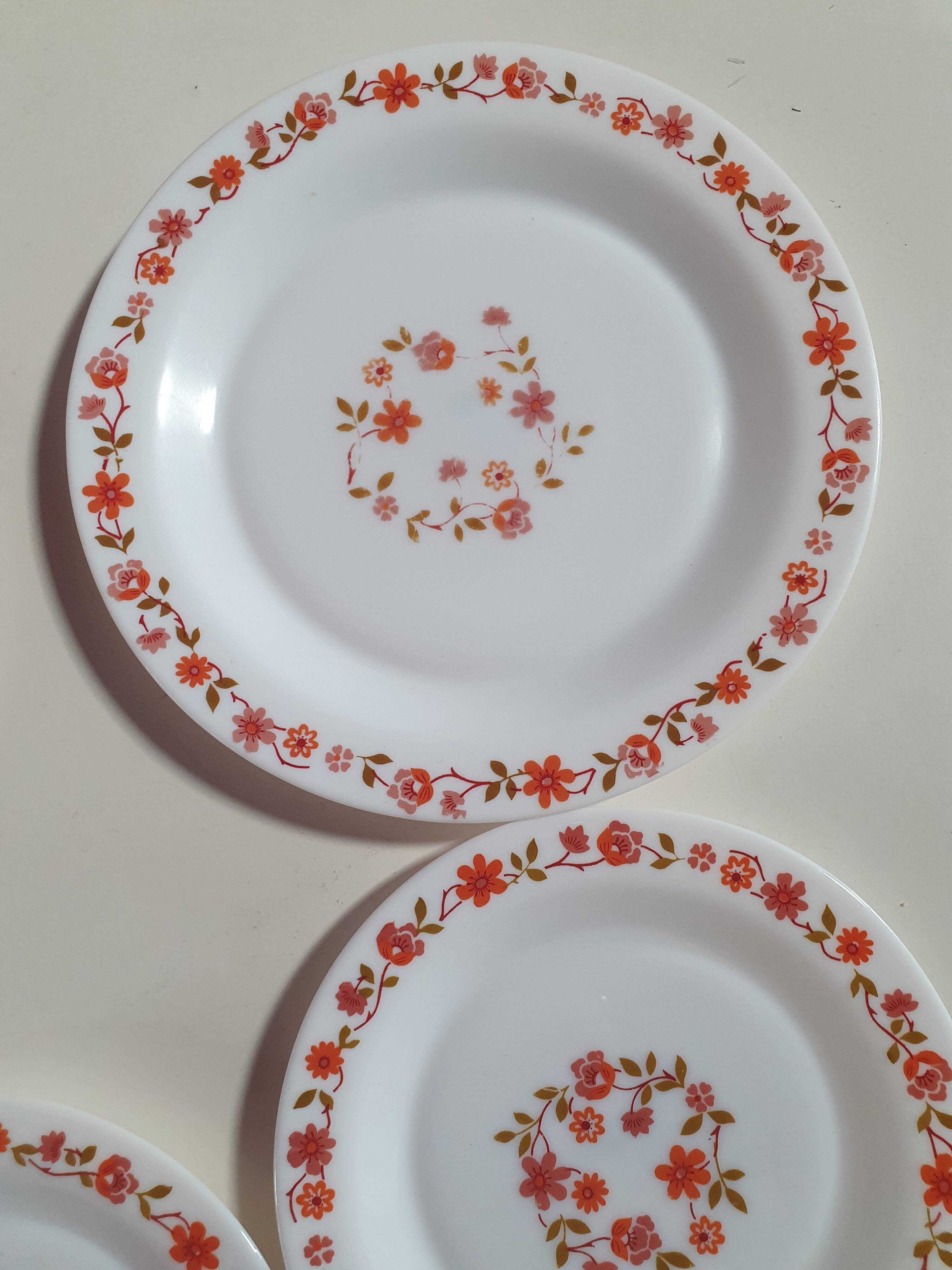lot of arcopal scania dishes with small orange flowers flat plate, hollow dessert dish, one dish..
