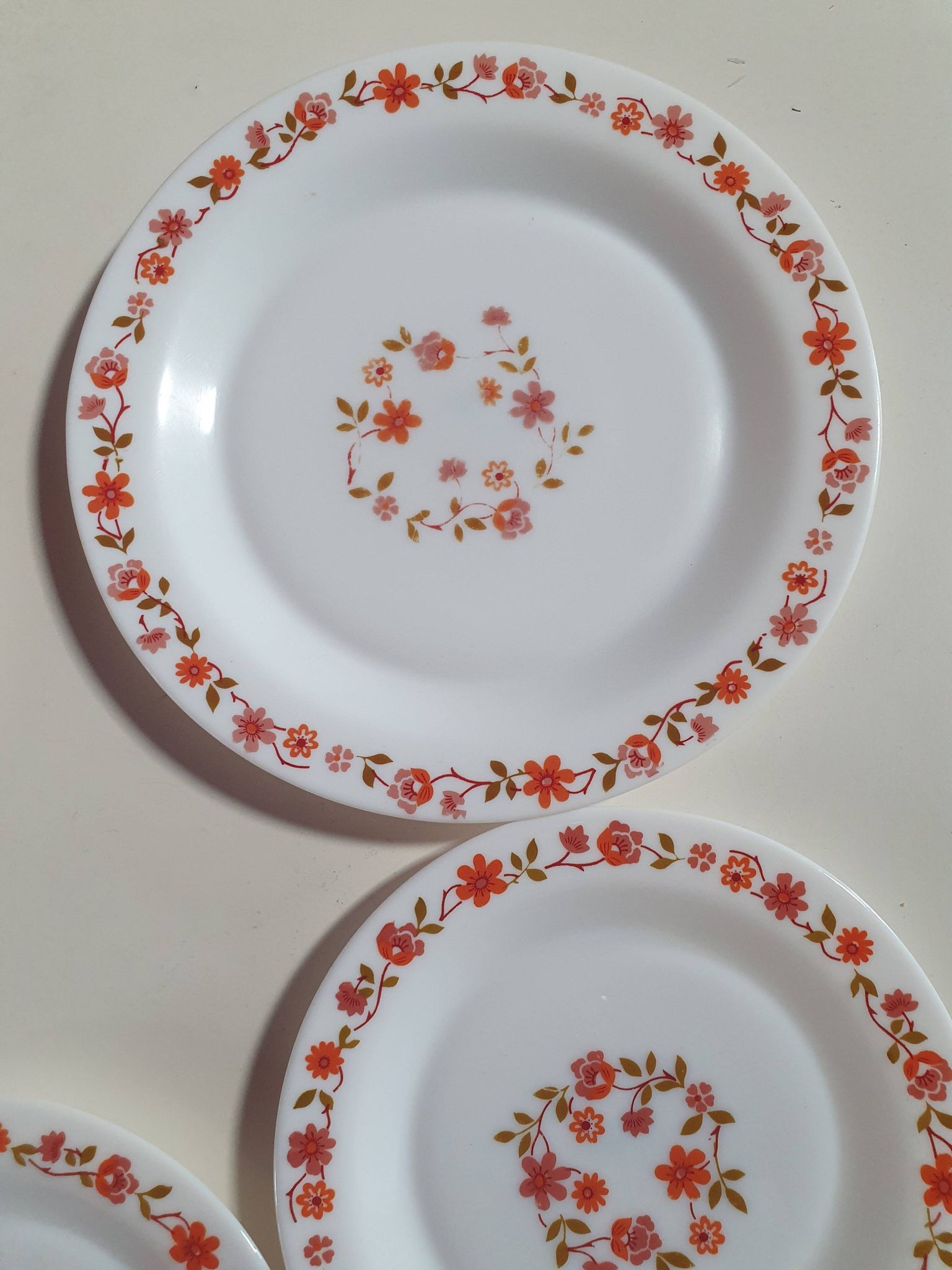 lot of arcopal scania dishes with small orange flowers flat plate, hollow dessert dish, one dish..