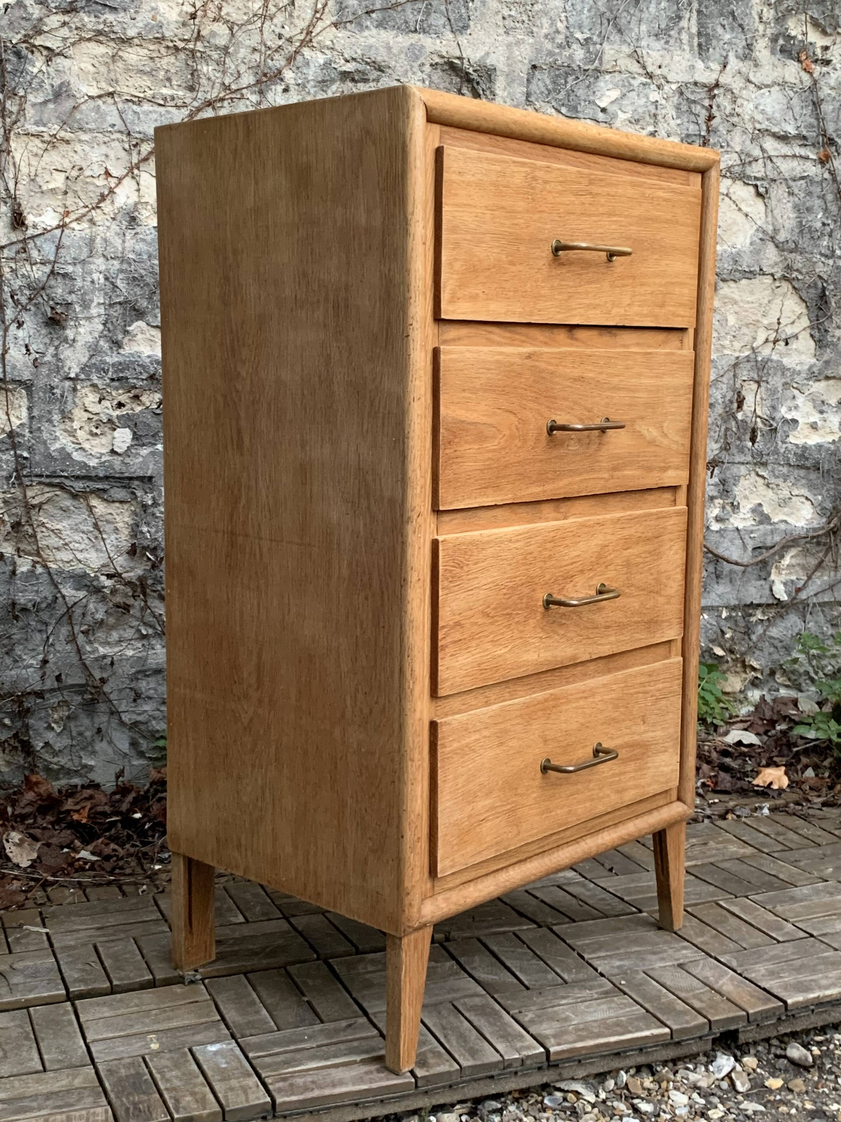 Chest of drawers with compass feet, raw wood, 1950s