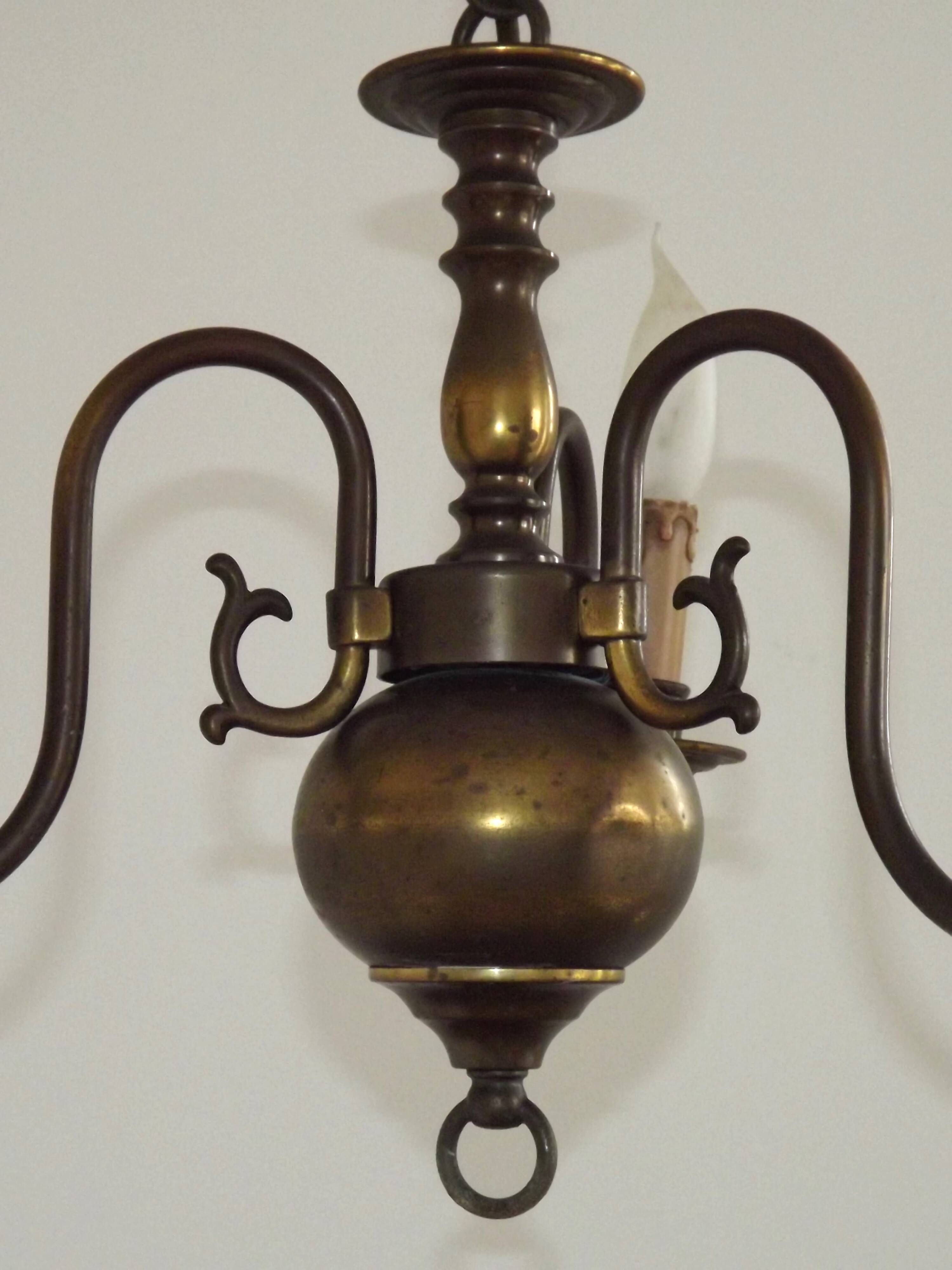 French Vintage Old Aged Bronzed Metal 3 Light Flemish Style Chandelier 4804