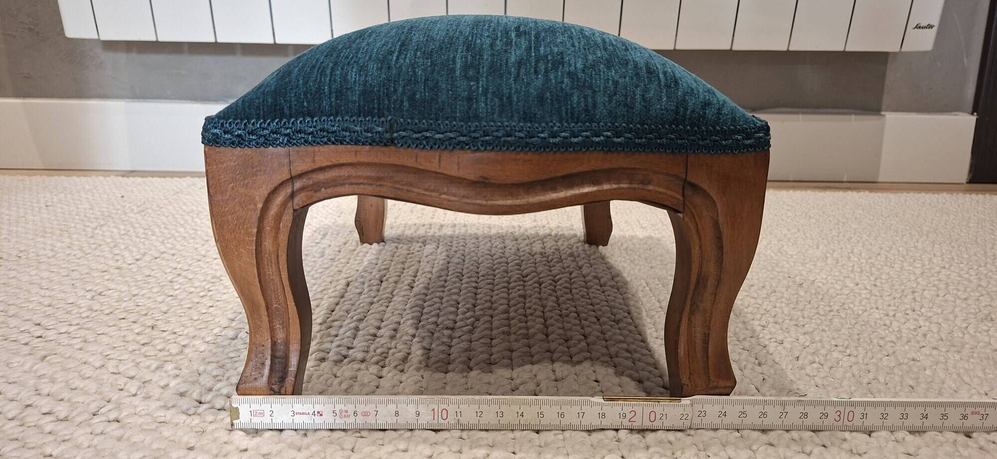 Louis XV footrest – duck blue velvet – fully reupholstered
