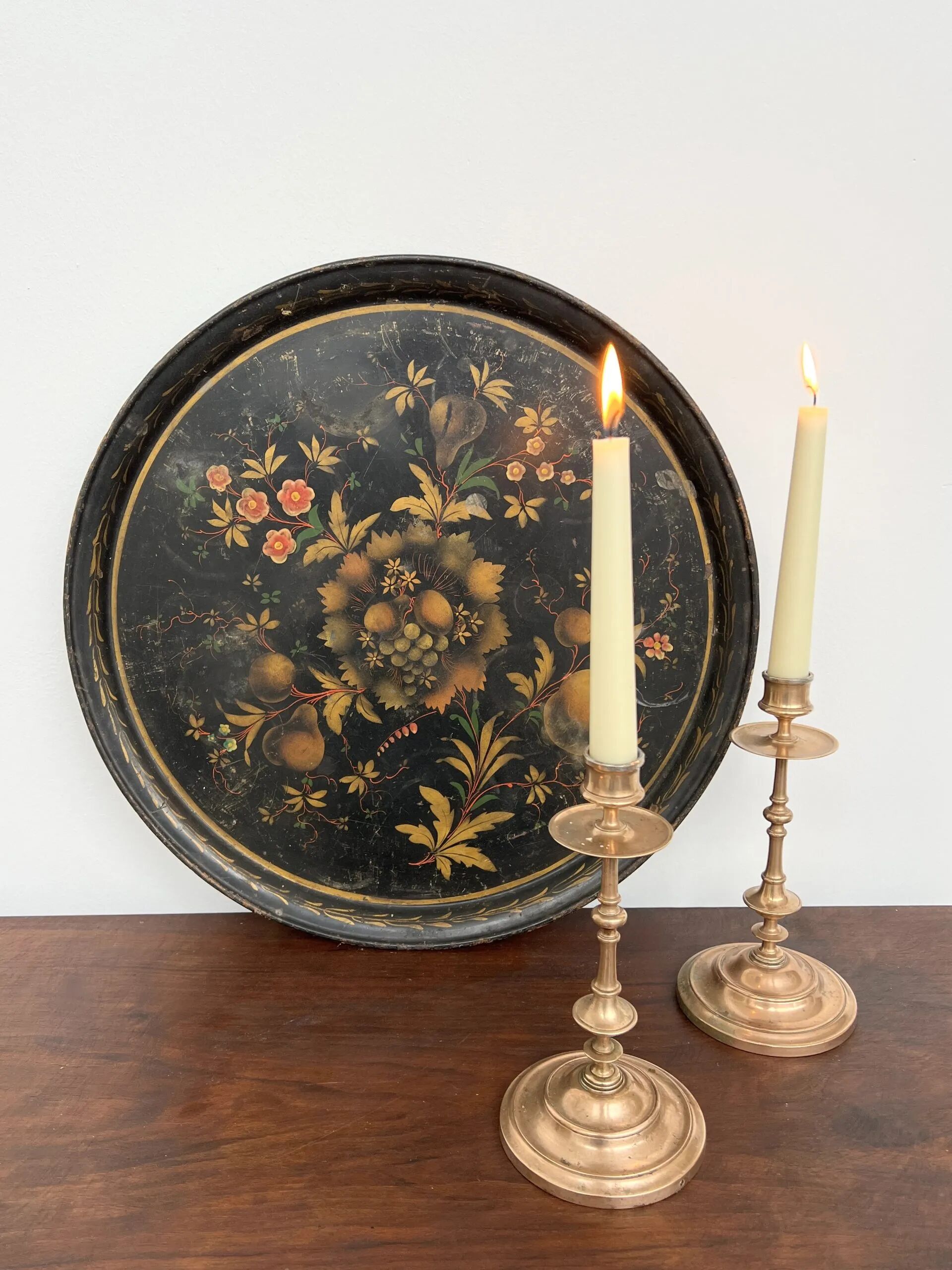 Pair of antique turned rose brass candlesticks (24 cm)