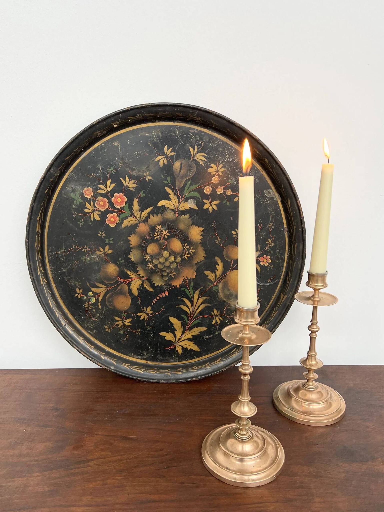 Pair of antique turned rose brass candlesticks (24 cm)