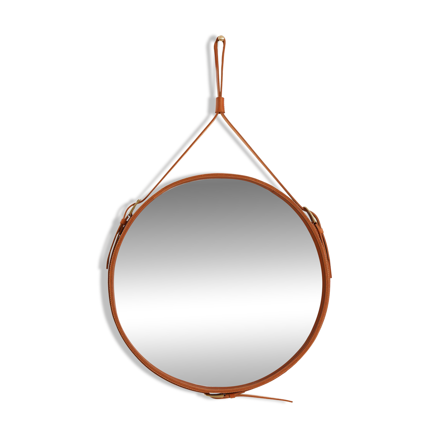 Handmade J. Adnet style mirror in tan color veg-tanned leather, ø58  cm