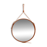 Miroir fait main de style J. Adnet en cuir végétal tanné couleur tan, ø58 cm