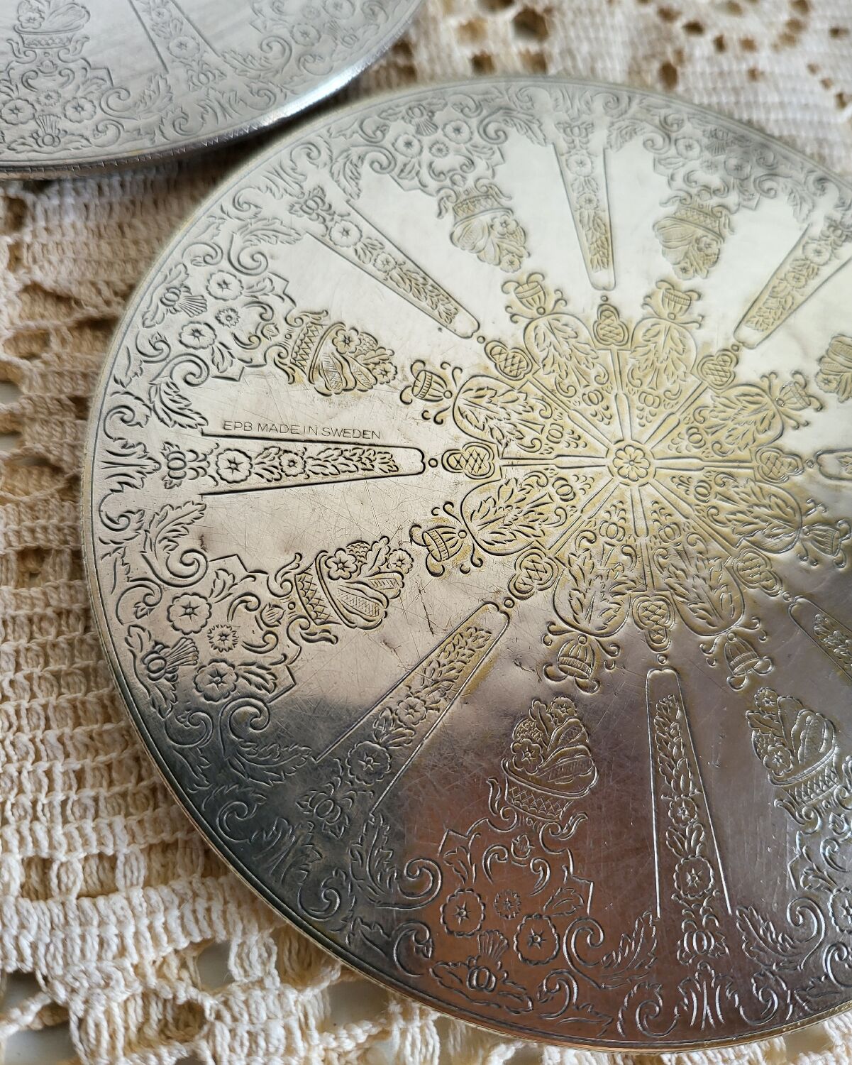 Set of 2 Silver-Plated Metal Coasters for Carafes or Bottles, Swedish