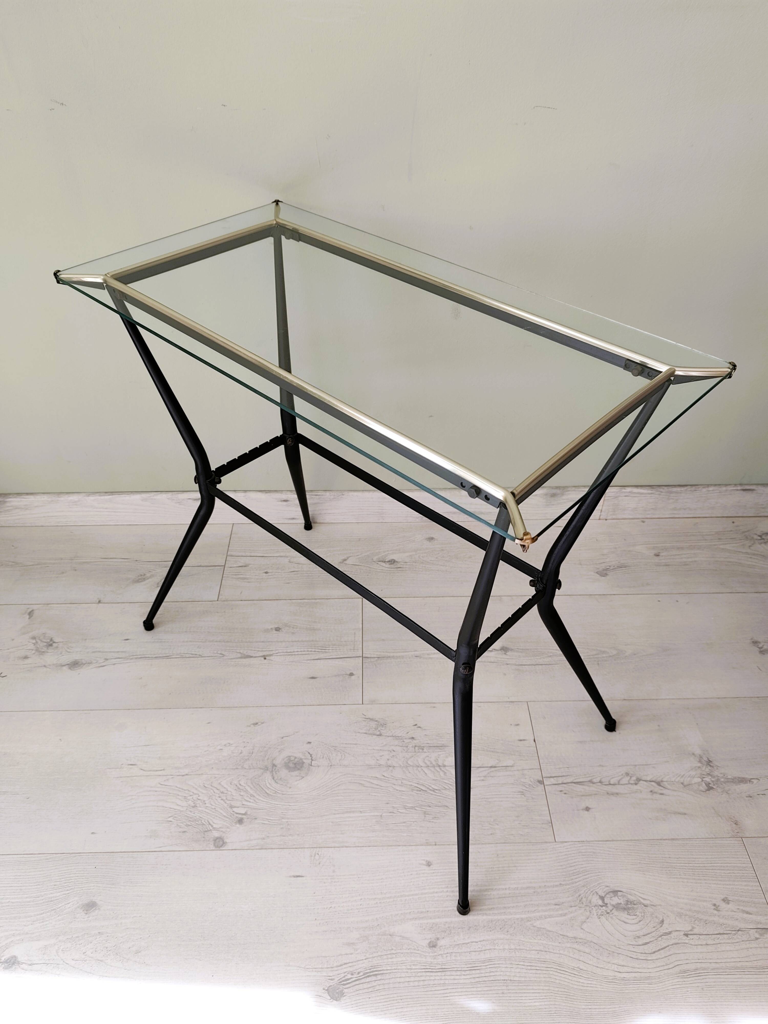 Antique side table made of metal and glass
