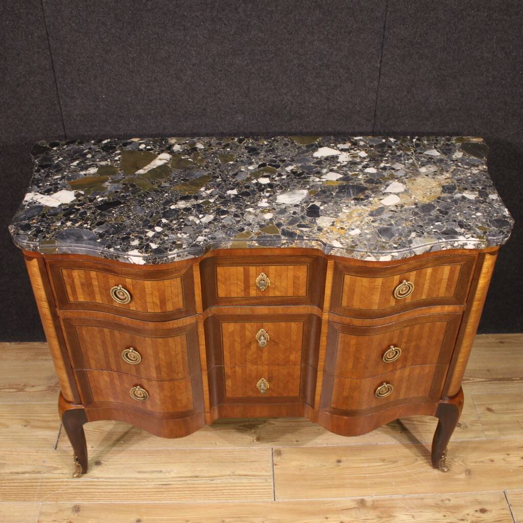 Commode française marquetée avec dessus en marbre, XIXe siècle