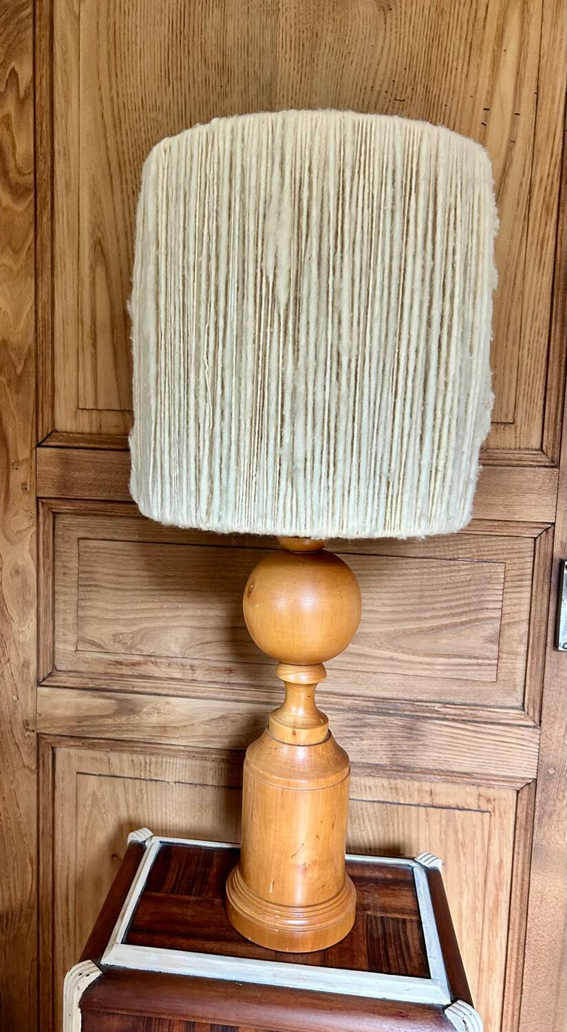 Turned wood base lamp with spun lampshade