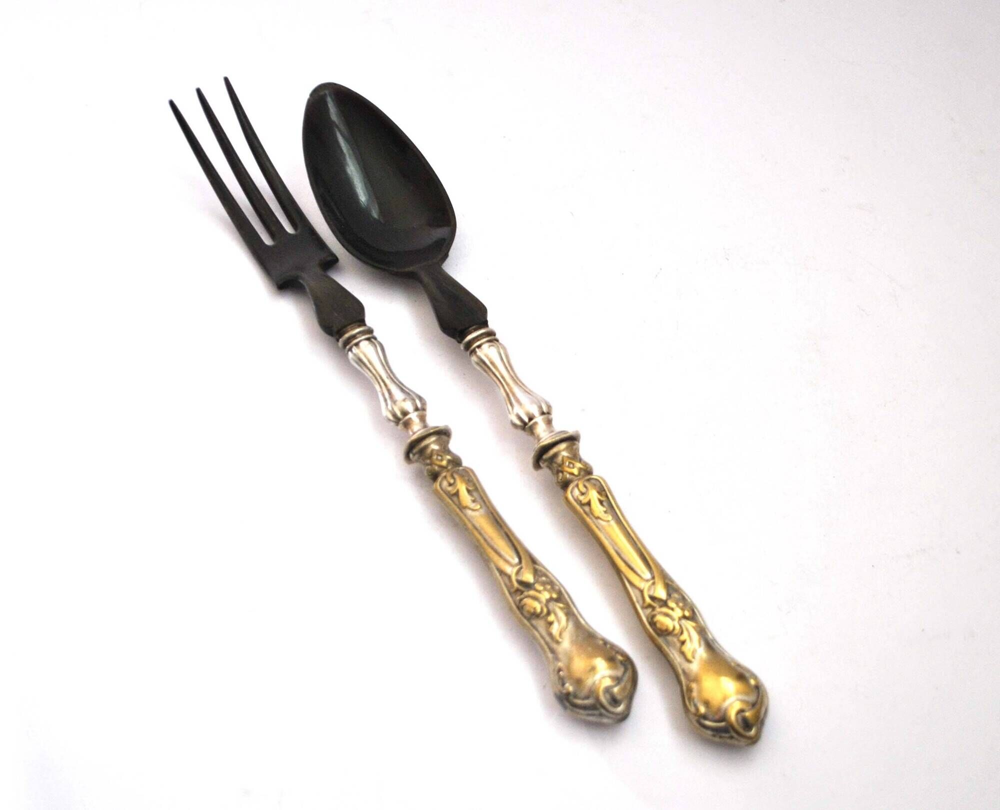 Antique salad server in silver metal and black horn - neoclassical flowered service 19th century.
