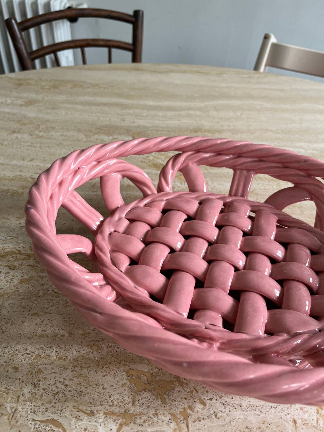Vintage pink woven ceramic fruit basket