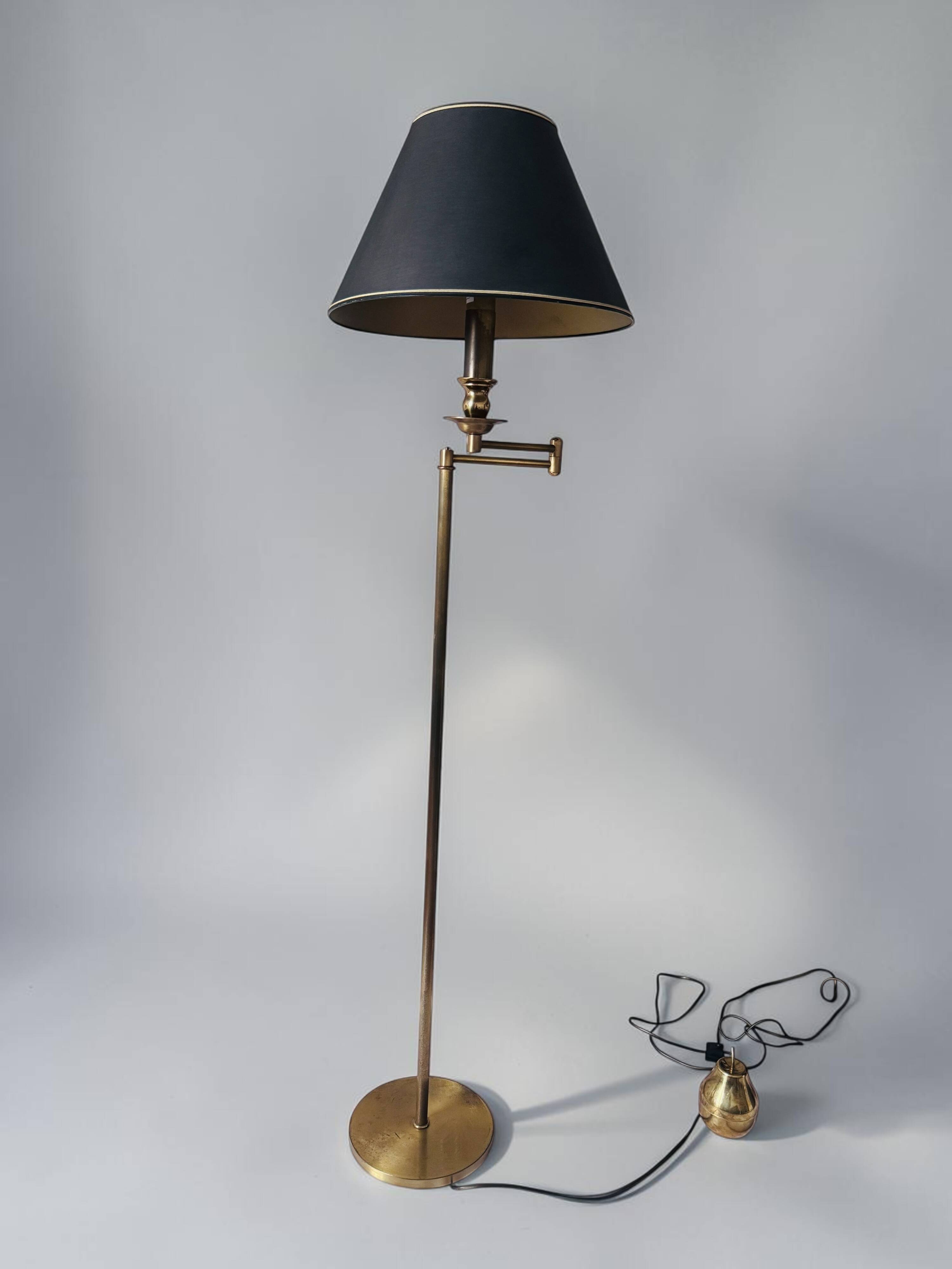 Brass reading floor lamp, adjustable arm, vintage anthracite shade.