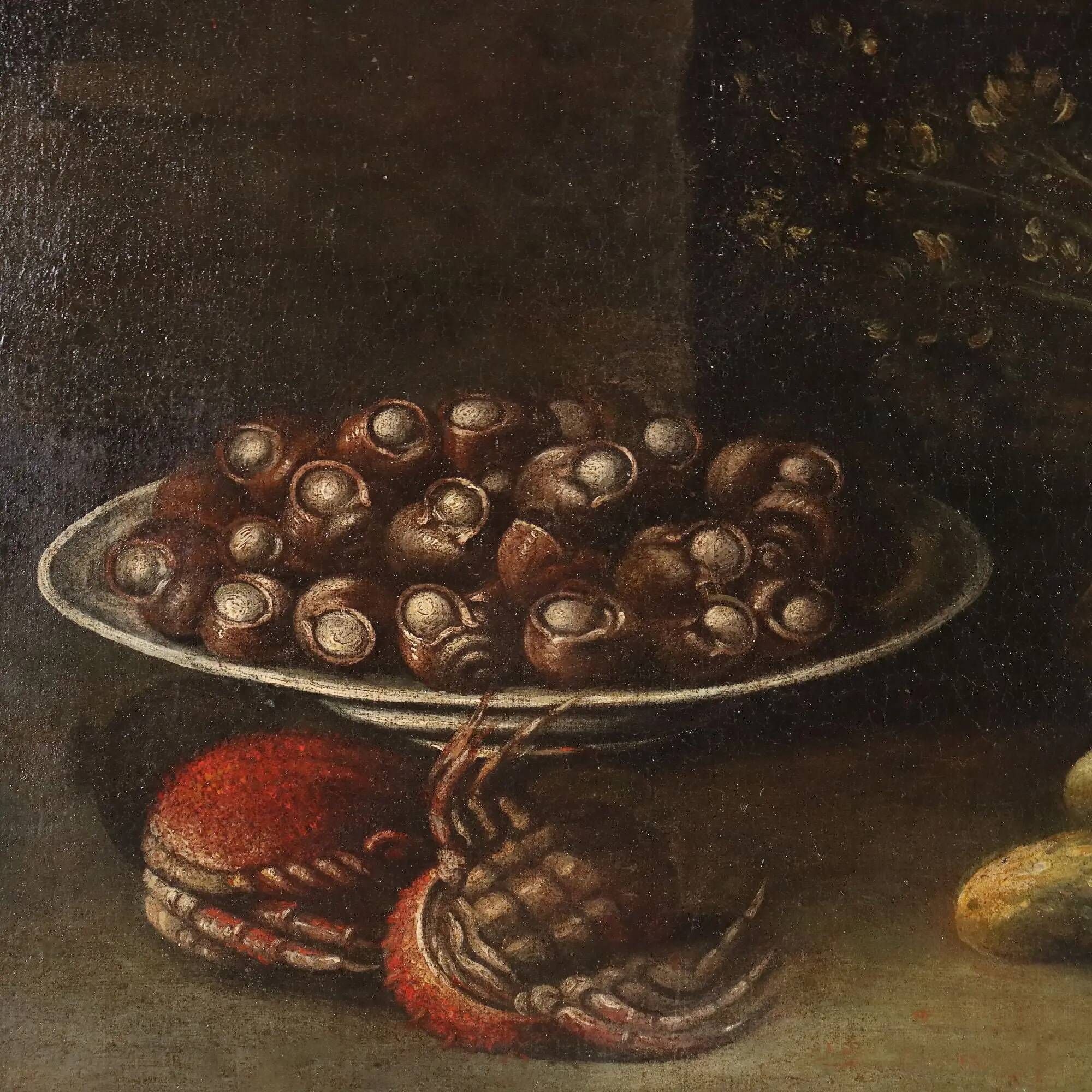 Old painting of still life with fish and snails, oil on canvas from the 1600s.